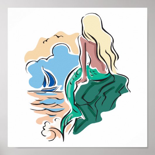 hübsche Meerjungfrau auf dem Felsen Poster (Vorne)