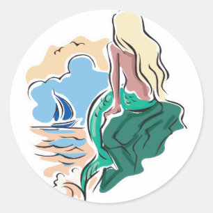 hübsche Meerjungfrau auf dem Felsen Runder Aufkleber