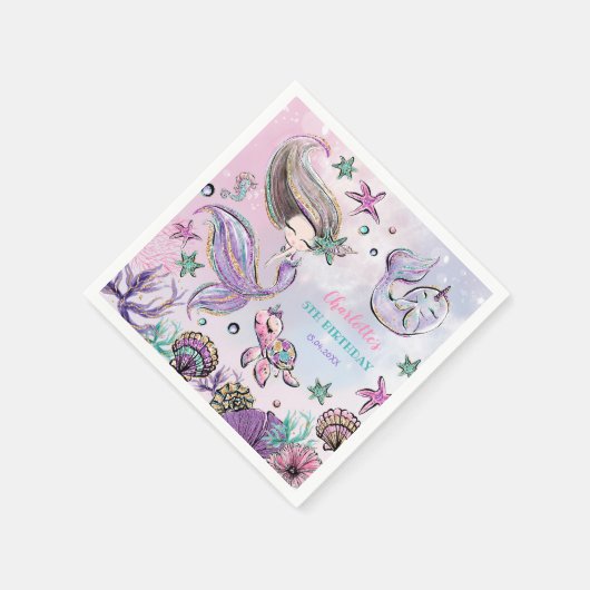 Hübsche Meerjungfrau-Schildkröte Narwhal-Geburtsta Serviette (Ecke)