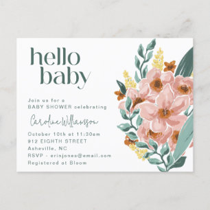 Hübsche Mint-Salbei-Rosa-Blumen-Hallo-Baby-Party Postkarte