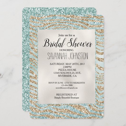 Hübsche Minze Glitzy Sparkle Gold Zebra Glitzer Einladung (Vorne/Hinten)