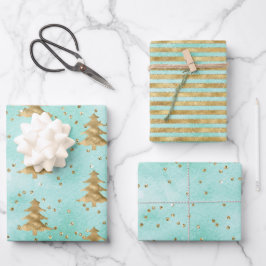 Hübsche Minze Grüne Wasserfarbe Gold Weihnachtsbau Geschenkpapier Set