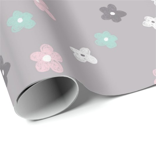 Hübsche moderne rosa blaue Blumenblütendusche Geschenkpapier (Rolleneckpunkt)