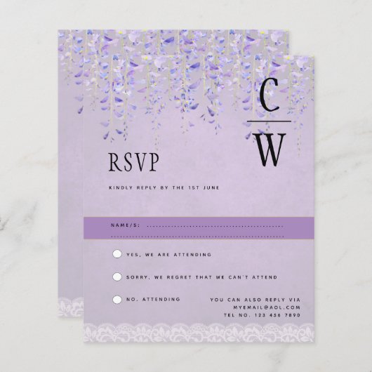 Hübsche moderne Wisteria Lace Lila Wedding RSVP (Vorne/Hinten)