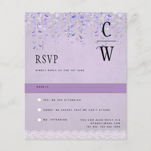 Hübsche moderne Wisteria Lace Lila Wedding RSVP (Vorderseite)
