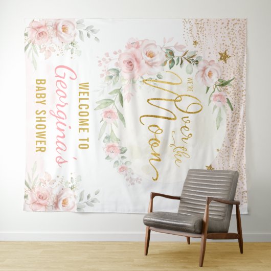 Hübsche Mond Stars Blush Bloral Baby Girl Willkomm Wandteppich (Beispiel (Horizontal))