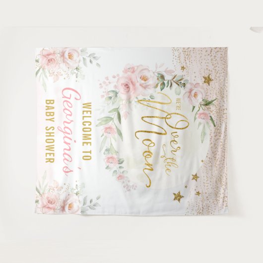 Hübsche Mond Stars Blush Bloral Baby Girl Willkomm Wandteppich (Vorderseite (Horizontal))