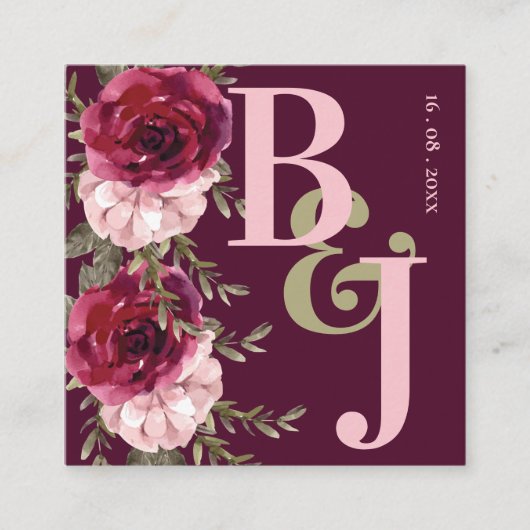 Hübsche Mongram Burgundy Blush Pink Floral Wedding Begleitkarte (Vorderseite)