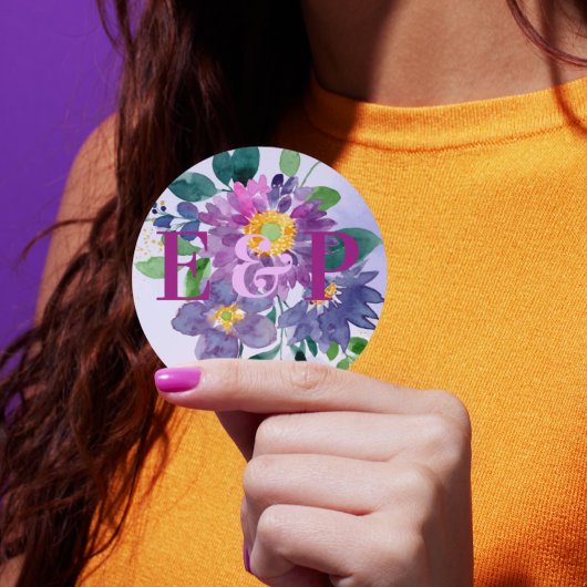 Hübsche Monogram Lila Blue Floral Wedding Runder Aufkleber