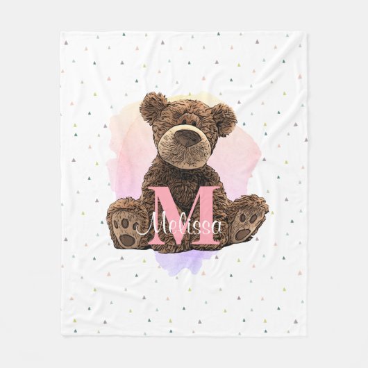 Hübsche Monogramm Kinder Name Rosa Teddybär Fleecedecke (Vorderseite)