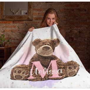 Hübsche Monogramm Kinder Name Rosa Teddybär Fleecedecke