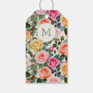 Hübsche monogrammierte florale Gartenrosen Elegant Geschenkanhänger