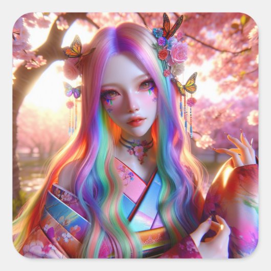 Hübsche mystische Ätherische Frau mit Schmetterlin Quadratischer Aufkleber (Vorderseite)