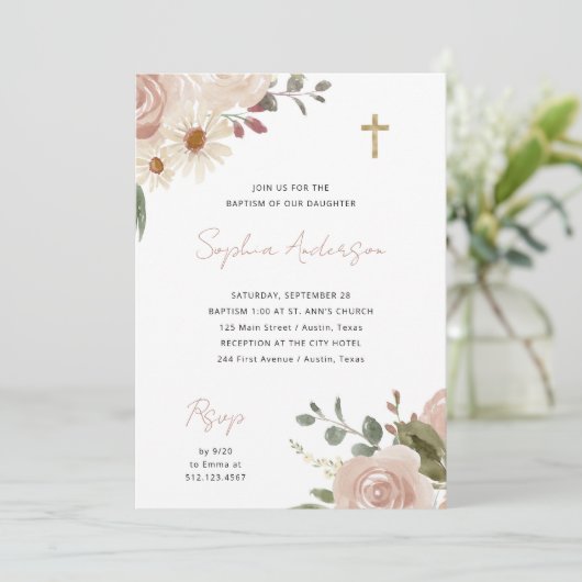 Hübsche neutrale Wasserfarbenflora | Boho Taufe Einladung (Stehend Vorderseite)