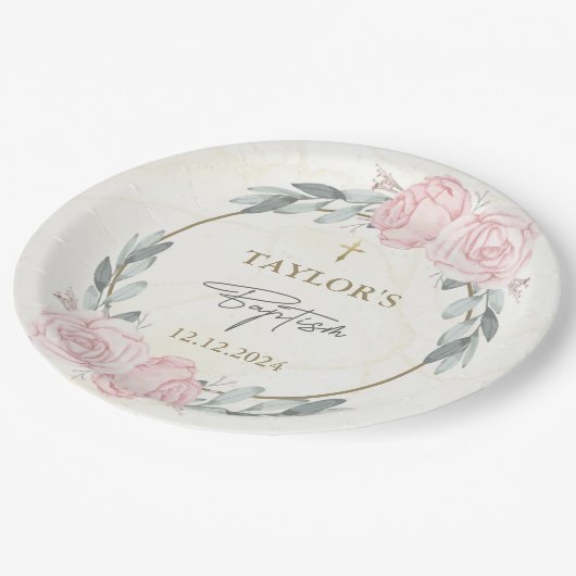 Hübsche neutrale Wasserfarbenflorale Taufe Pappteller (Schrägansicht)