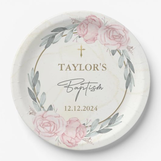 Hübsche neutrale Wasserfarbenflorale Taufe Pappteller (Vorderseite)