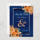 Hübsche Orange-Blume auf Navy Blue Save the Date Ankündigungspostkarte (Vorne/Hinten)