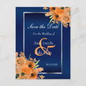 Hübsche Orange-Blume auf Navy Blue Save the Date Ankündigungspostkarte (Vorderseite)
