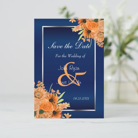 Hübsche Orange-Blume Save the Date auf Navy Blue (Stehend Vorderseite)