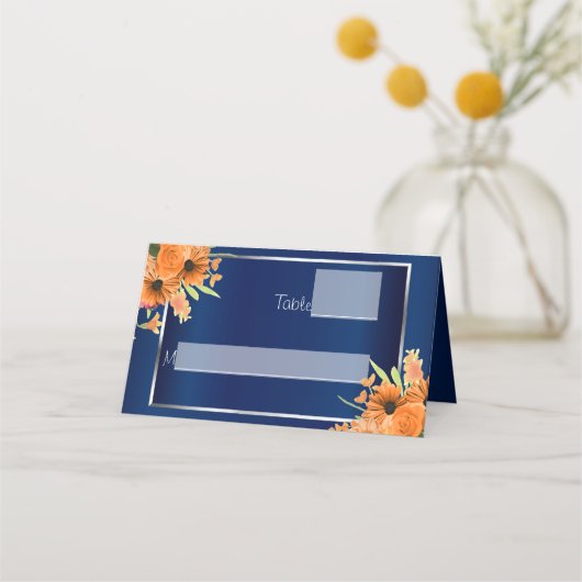 Hübsche orangefarbene Blume für Navy Blue Platzkarte (Rückseite)
