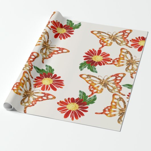 Hübsche orangefarbene Blumen und Schmetterlinge Geschenkpapier (Ungerollt)