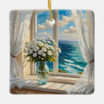 Hübsche Ozeanszene | Frohe Weihnachten Keramikornament<br><div class="desc">Eine hübsche Vase aus Blume auf einem Tisch vor einem Fenster mit Blick auf den Ozean. Schere weiße Vorhänge blasen in der Brise. Ai Art.</div>