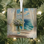 Hübsche Ozeanszene | Frohe Weihnachten Ornament Aus Glas<br><div class="desc">Eine hübsche Vase aus Blume auf einem Tisch vor einem Fenster mit Blick auf den Ozean. Schere weiße Vorhänge blasen in der Brise. Ai Art.</div>