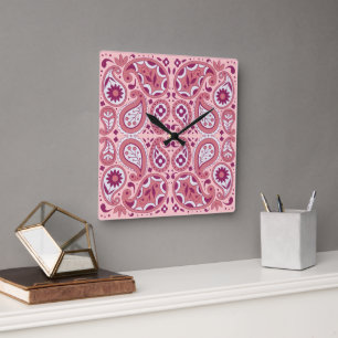Hübsche Paisley Design-Blume Tear Dropks Pinks Quadratische Wanduhr