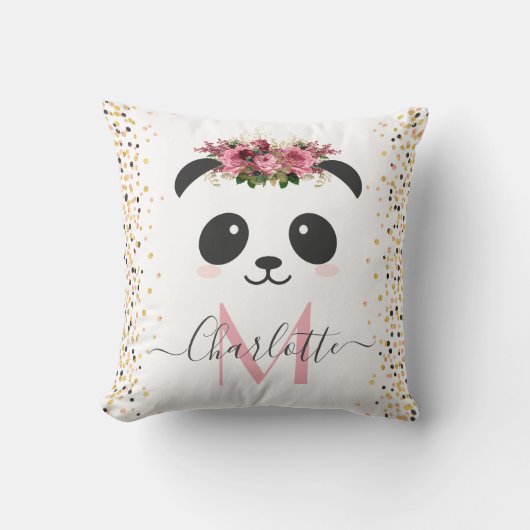Hübsche Panda floral Monogramm personalisiert Kissen (Vorderseite)