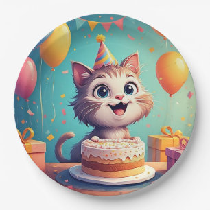 Hübsche Partykatze mit Kuchen und Luftballons Pappteller