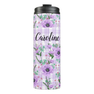 HÜBSCHE PASTEL PURPLE BLUMEN MIT KARIERTEN PATTERN THERMOSBECHER