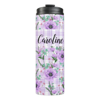 HÜBSCHE PASTEL PURPLE BLUMEN MIT KARIERTEN PATTERN THERMOSBECHER