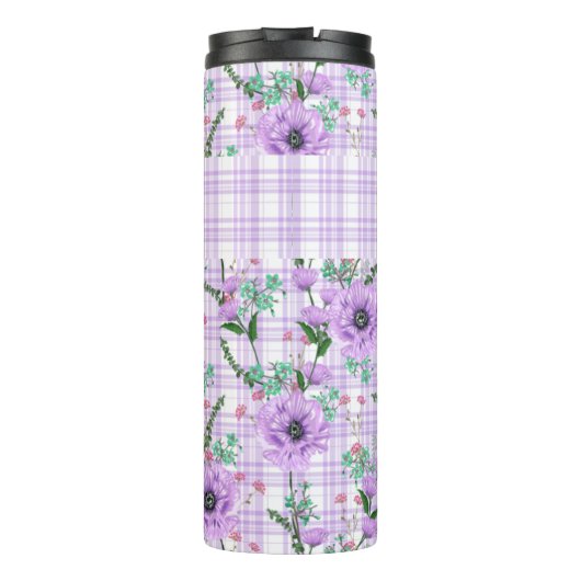 HÜBSCHE PASTEL PURPLE BLUMEN MIT KARIERTEN PATTERN THERMOSBECHER (Rückseite)