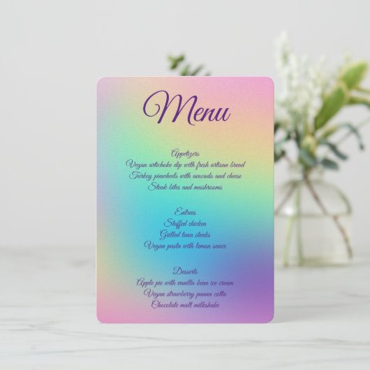 Hübsche Pastel Rainbow Gradient Wedding Menükarte (Stehend Vorderseite)