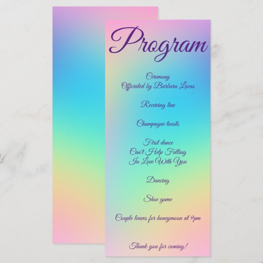 Hübsche Pastel Rainbow Gradient Wedding Programm (Vorne/Hinten)