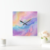 Hübsche Pastel Watercolor Rainbow Liquid Pour Art Quadratische Wanduhr (Zuhause)