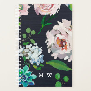 Hübsche Pastellblüten auf Schwarz mit Monogramm Planer