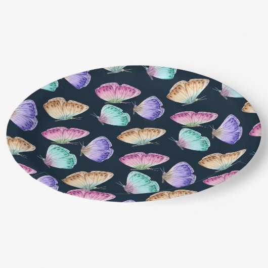 Hübsche Pastellfarben Wasserfarben Schmetterlingsm Pappteller (Schrägansicht)