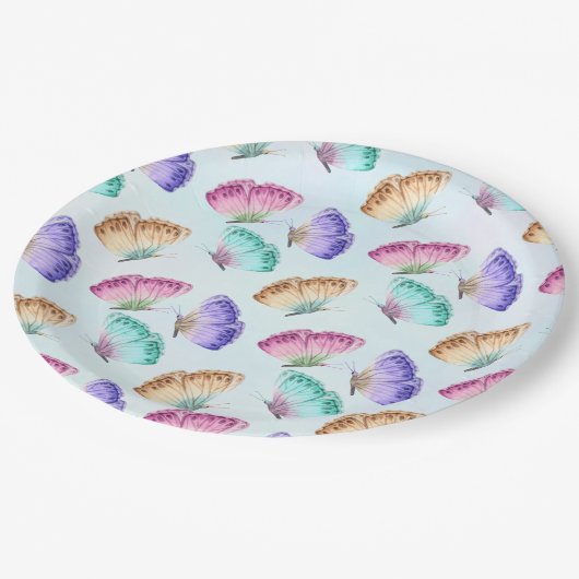 Hübsche Pastellfarben Wasserfarben Schmetterlingsm Pappteller (Schrägansicht)