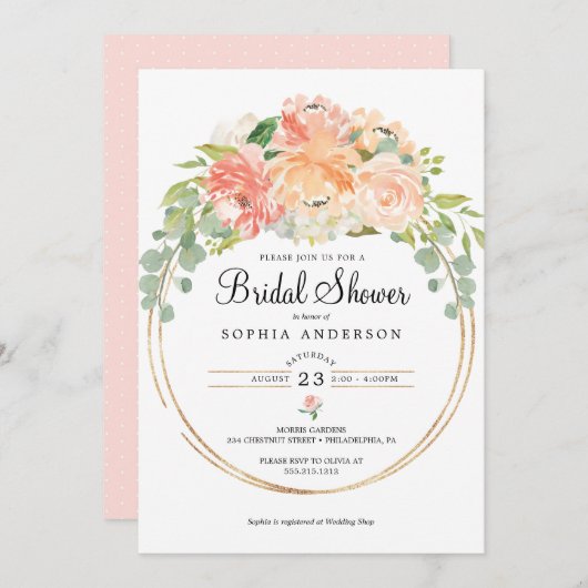 Hübsche Peach Floral Bridal Dusche Einladung (Vorne/Hinten)