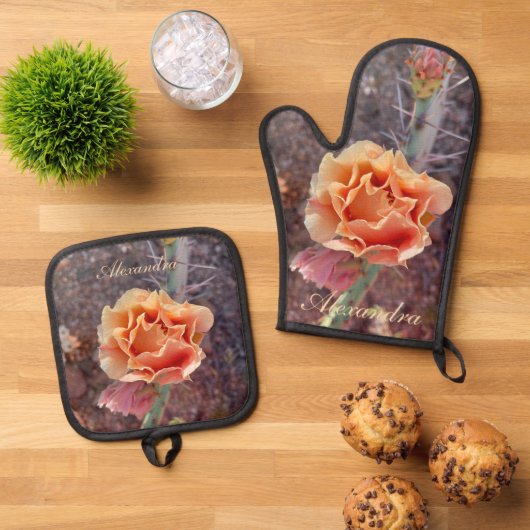 Hübsche Peach Prickly Birne Blume Ofenhandschuh & Topflappen-Set (Oben Unten)