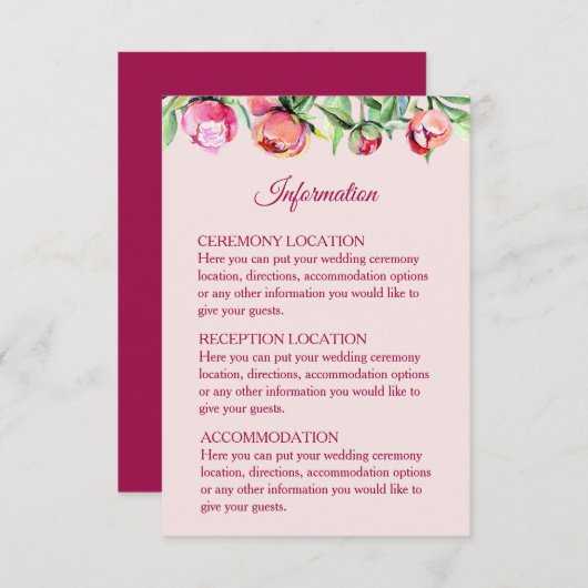 Hübsche Peonies Hochzeitskarten Begleitkarte (Vorne/Hinten)