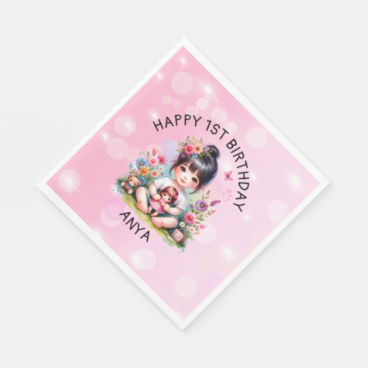 Hübsche Personalisierte asiatische Girl and Doll G Serviette (Ecke)