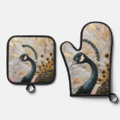 Hübsche Pfauengoldene Weihnachten Ofenhandschuh & Topflappen-Set (Vorderseite)