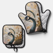 Hübsche Pfauengoldene Weihnachten Ofenhandschuh & Topflappen-Set (Vorderseite/Rückseite)