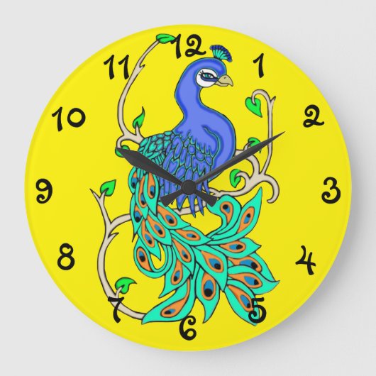 Hübsche Pfauensperre große runde Uhr (Vorderseite)