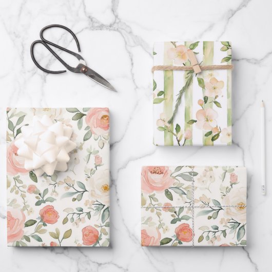 Hübsche Pfirsich-Rosa-Blumen-Hochzeitsdusche Geschenkpapier Set (Vorderseite)