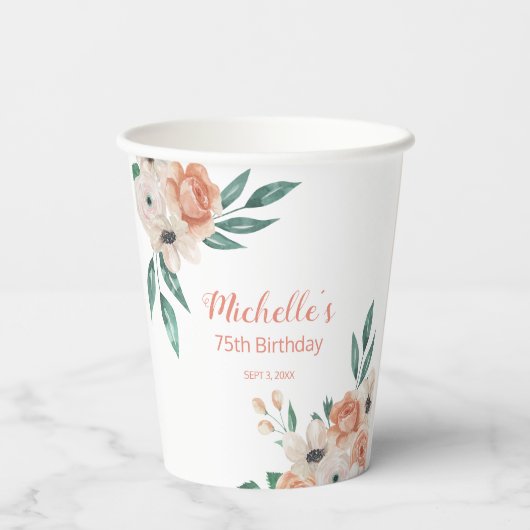 Hübsche Pfirsichblume 75. Geburtstag Pappbecher (Rückseite)