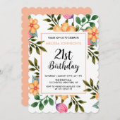 Hübsche Pfirsichflora Botanischer 21. Geburtstag Einladung (Vorne/Hinten)