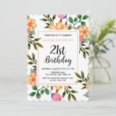 Hübsche Pfirsichflora Botanischer 21. Geburtstag Einladung (Stehend Vorderseite)